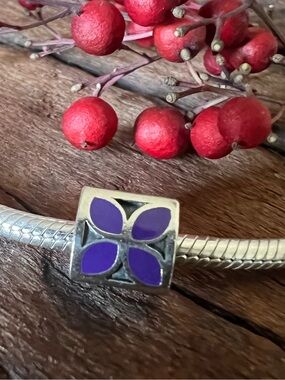 Authentic Pandora Charm Purple Violet Flower  Enamel Sterling Silver Triangle